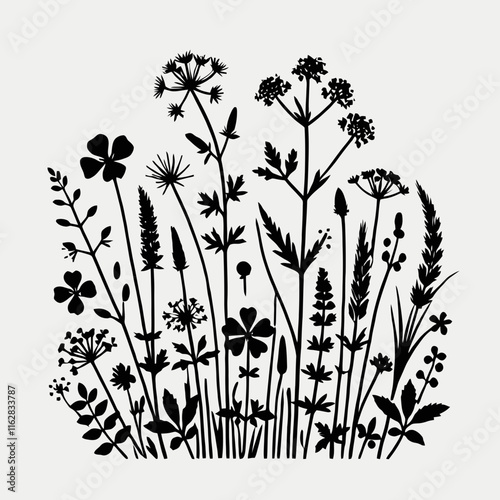  very simple, flat, and minimalist meadow wild herbs and flowers silhouette with black color on a white background