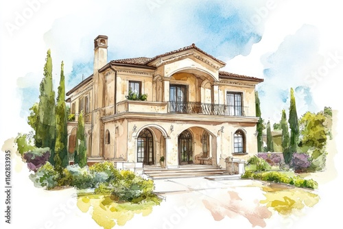 A watercolor painting of a house with a balcony, perfect for use in illustrations and designs photo