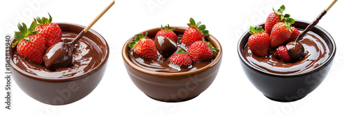 A Set of Fresh Strawberries Dipped in Velvety Chocolate Sauce in Fondue Style Isolated on Transparent Background