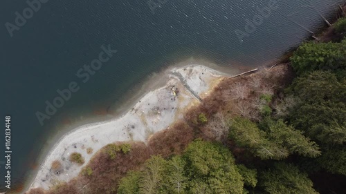 Wallpaper Mural Top down view of the small beach on a calm lake surrounded by green spruce trees Torontodigital.ca