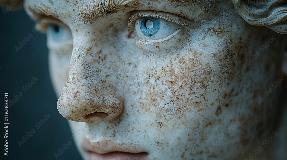 Naklejka premium Weathered Marble Statue Close Up Reveals Blue Eyes