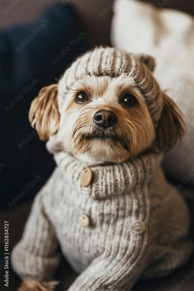 Cute dog winter sweater, adorable puppy hat portrait, warm pet fashion smile, happy canine clothing season Cute dog winter sweater, adorable puppy hat portrait, warm pet fashion smile, happy canine clothing season