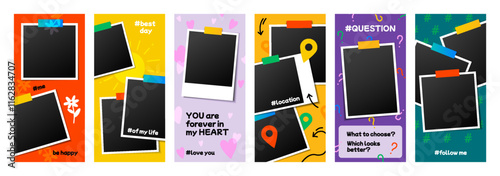 Photo template. Social media insta frame, fashion day flyer or photography concept. Love sticker in phone. Empty space for image. Abstract colorful background. Picture border. Vector mockup