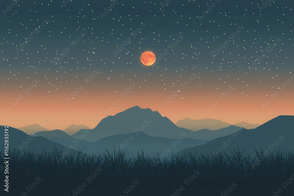 Obraz premium Stylized Vector Art of a Full Moon Glowing in a Dark Blue Night Sky with Soft Light and Gradients Over Rocky Mountains in the Background
