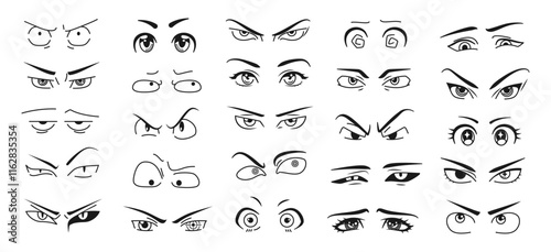 Anime eye. Manga face. Male cartoon character. Emotion expression. Japan boy. Woman winking. Man anger. Female beauty. Girl eyebrow. Asian facial shapes. Vector kawaii comic elements set