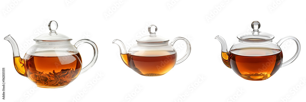 A Set of Elegant Clear Glass Teapot with Warm Brewed Tea Isolated on Transparent Background A Set of Elegant Clear Glass Teapot with Warm Brewed Tea Isolated on Transparent Background