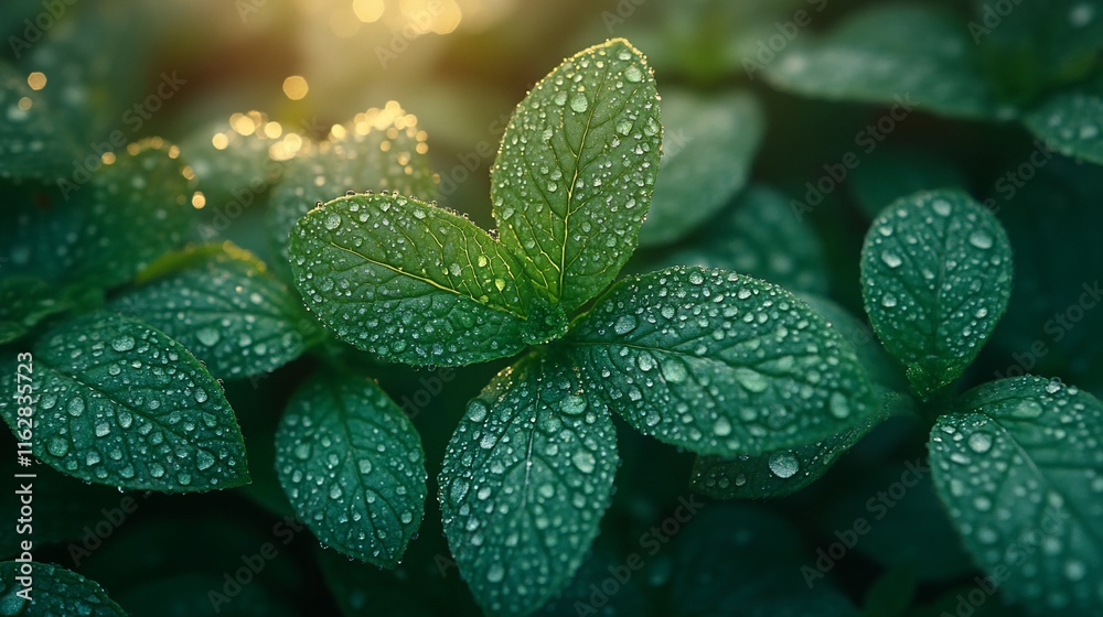 Dew Drops Adorn Lush Green Mint Leaves In Sunlight Dew Drops Adorn Lush Green Mint Leaves In Sunlight