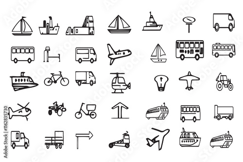 36 black and white line art icons that each stand for a distinct kind of transportation.