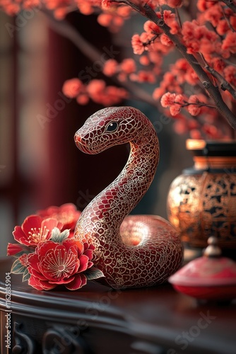 A decorative red snake figurine perched on a tabletop photo