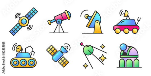 Galaxy icons. Space rocket. Moon rover. Spaceship or telescope. Satellite connection technology. Science exploration. Universe discovery equipment. Shuttle explorer. Vector symbols set