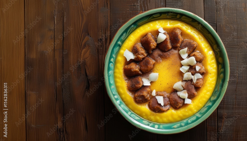 Traditional Honduran Atol de Elote Served in a Rustic Bowl on Wooden Table Traditional Honduran Atol de Elote Served in a Rustic Bowl on Wooden Table