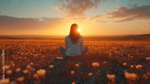 A woman sitting in a field of flowers at sunset, embodying peace and reflection in a tranquil landscape.