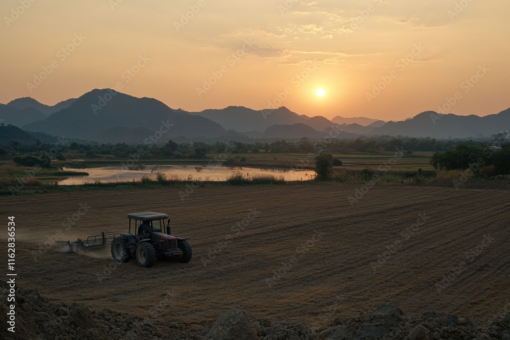 Fototapeta premium Wide Angle Shot of a Tractor Plowing a Field During Sunrise with Dynamic Warm Light Over a Rural Landscape and Mountains in the Background