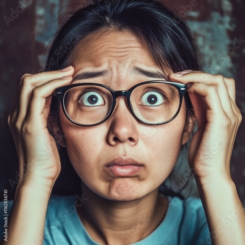 A woman shields her eyes with her hands, possibly indicating discomfort or disorientation