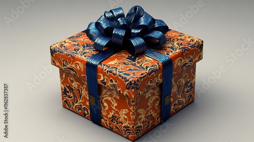 Square gift box with orange and blue damask pattern and large blue ribbon.