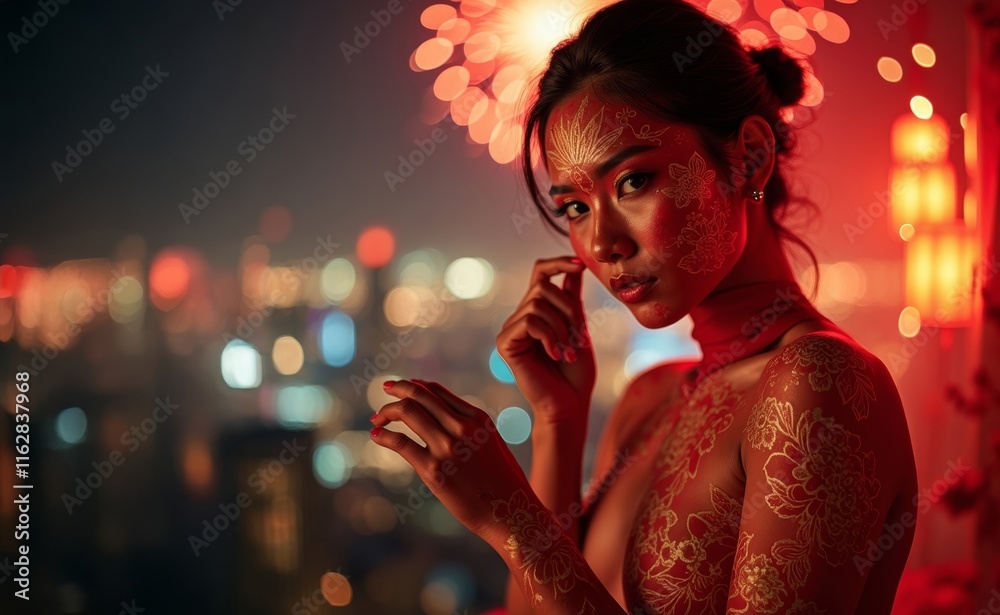 Naklejka premium Chinese New Year. Asian woman body art and face painting. Dragon, lanterns, fireworks, city skylines, red and gold colors. Traditional celebrations in the world concept.
