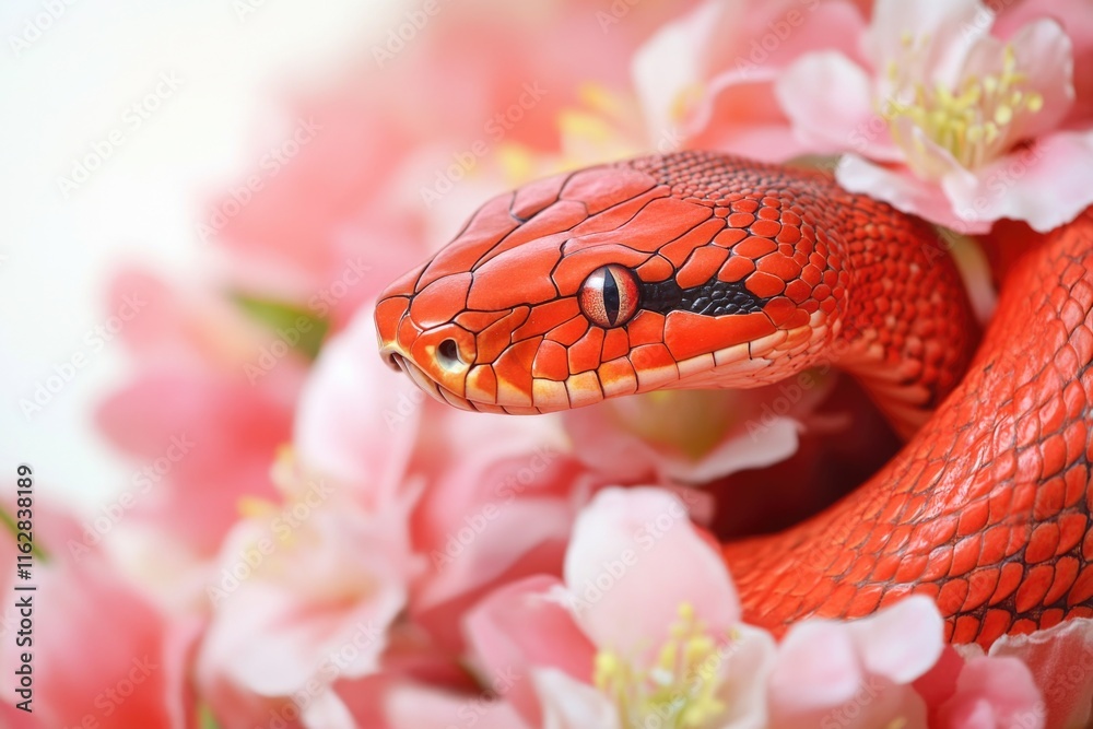 Obraz premium A close-up shot of a red snake surrounded by colorful flowers, great for use as a symbol or motif