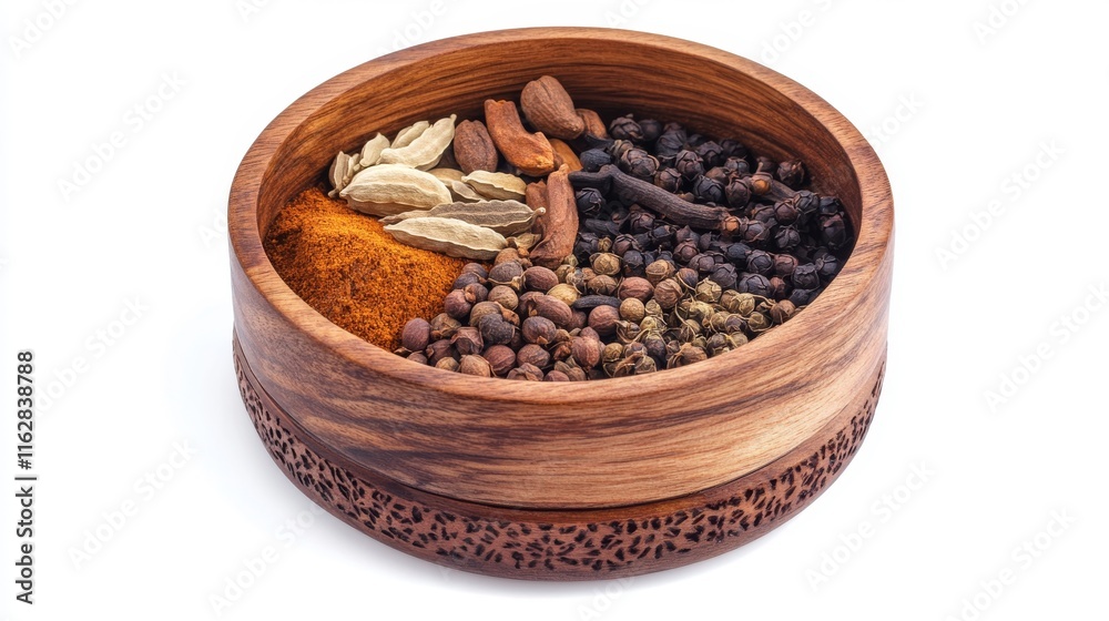 Fototapeta premium A wooden bowl filled with an array of colorful spices, showcasing the rich diversity and vibrant colors of culinary ingredients.