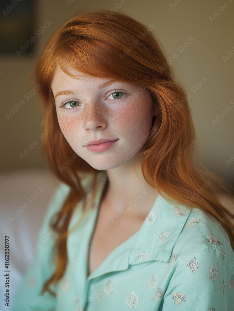 A young woman with golden-red hair, green eyes, and rosy skin in a pastel blue pajama set. Captured in a minimalist, warmly lit bedroom with a gentle, thoughtful expression and natural beauty. A young woman with golden-red hair, green eyes, and rosy skin in a pastel blue pajama set. Captured in a minimalist, warmly lit bedroom with a gentle, thoughtful expression and natural beauty.