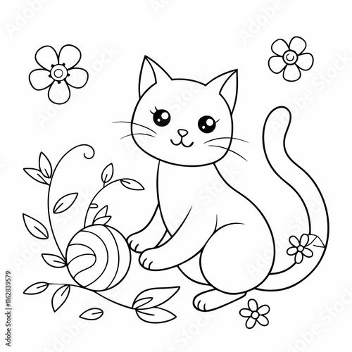 Vector art illustration of a cat playing in a flower garden