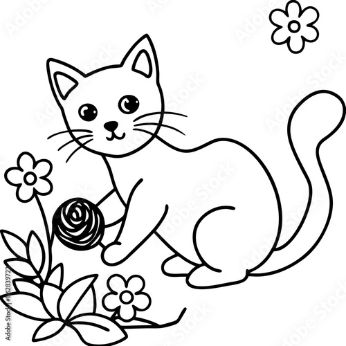 Vector art illustration of a cat holding a flower