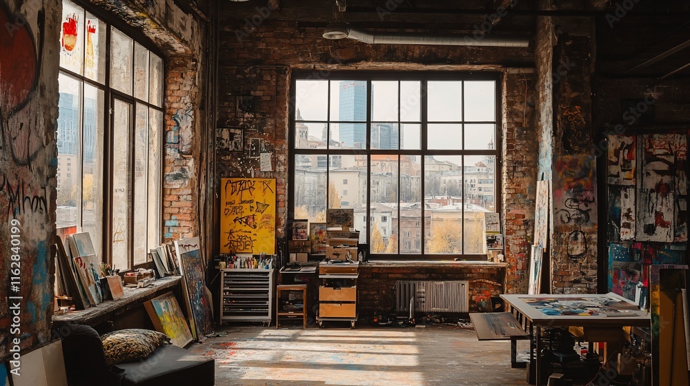 Artistic loft studio with large windows, city view, and art supplies. Artistic loft studio with large windows, city view, and art supplies.
