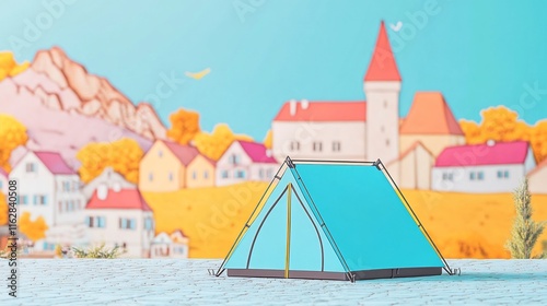 Wallpaper Mural Vibrant 3D Render: Quaint Village Autumn Camping Scene Illustration. AI Generated Torontodigital.ca
