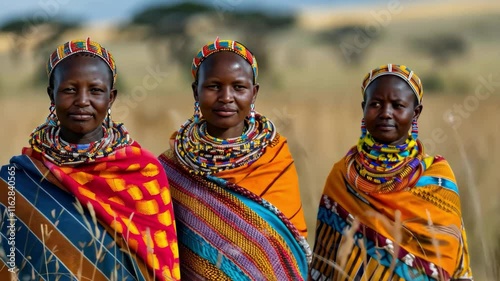 Three women wearing colorful clothing and necklaces stand in a field. The women are dressed in traditional African clothing and are smiling. Scene is cheerful and lively