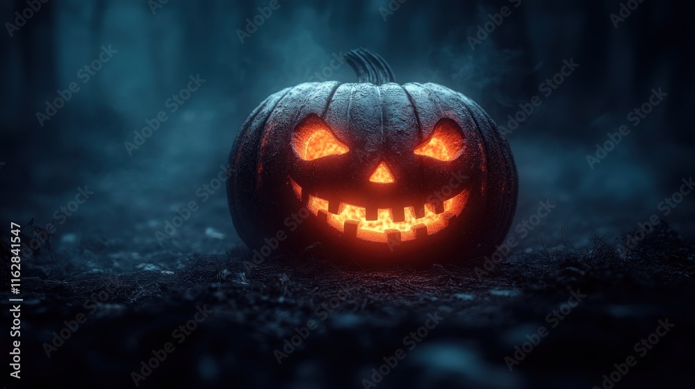 Naklejka premium Glowing Jack-o'-lantern in dark forest.
