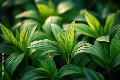 Lush green foliage with sunlight illuminating vibrant leaves.