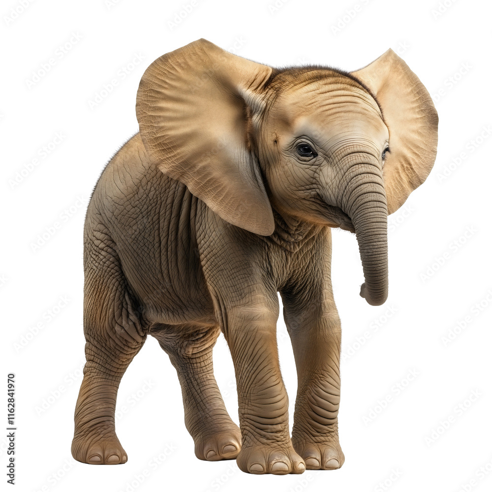 Fototapeta premium Baby elephant safari portrait, wild african calf walking, cute wildlife mammal pose, adorable zoo animal isolated