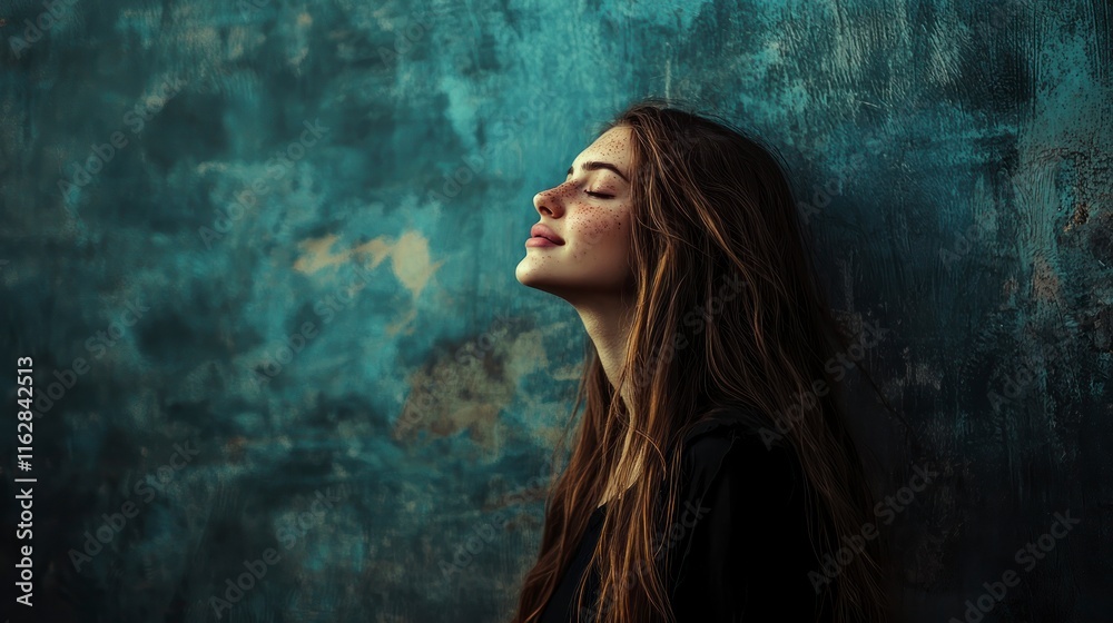 Fototapeta premium Serene woman with freckles against a textured blue backdrop