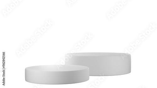 3D Cylinder 2 white pedestal podiums with layer and close up on transparent background clean luxury style