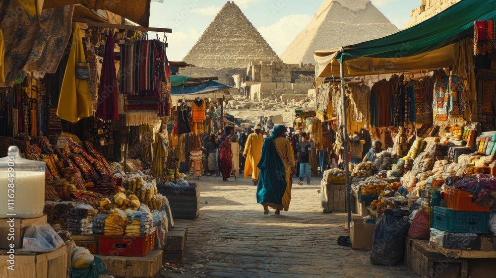 Obraz premium Giza Pyramids Market Ancient Egypt Souvenirs, Textiles, and Spices