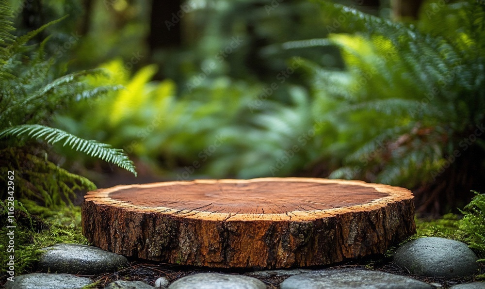 Wooden slice on mossy ground in lush forest. Wooden slice on mossy ground in lush forest.