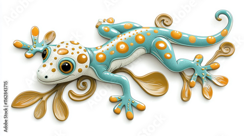A colorful, decorative gecko with blue and orange patterns, showcasing playful design elements.