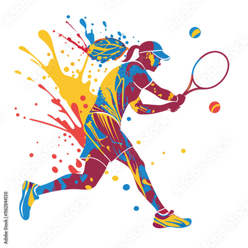 Dynamic and colorful splatter art depicting an active female tennis player playing a shot. Symbolizes energy, motion, and passion for tennis sports.