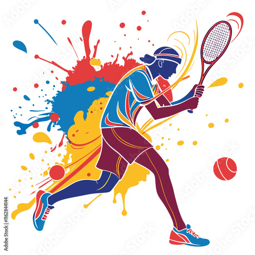 Dynamic and colorful splatter art depicting an active female tennis player playing a shot. Symbolizes energy, motion, and passion for tennis sports.