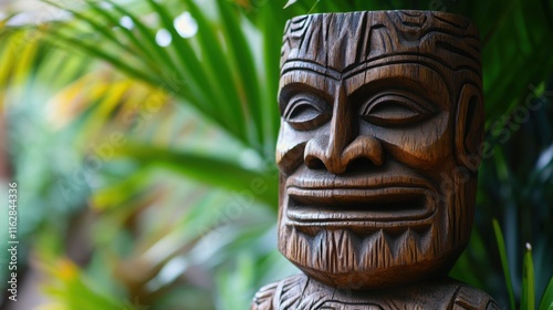 Intricate Wooden Tiki Idol Carved Polynesian Statue Tropical Nature