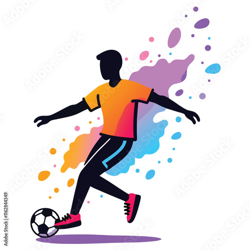 Energetic illustration depicting a soccer player silhouette in action, surrounded by colorful abstract splashes enhancing the dynamic and vibrant theme of sports and athletic motion