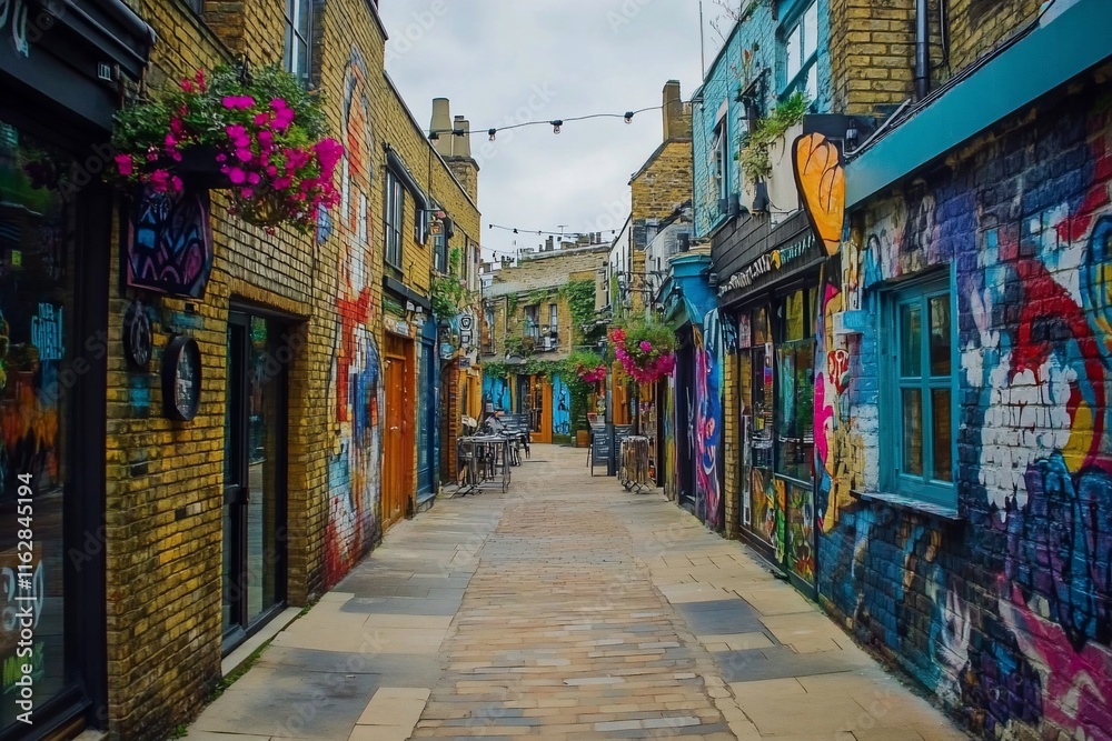 Fototapeta premium Colorful street art adorns a narrow, brick alleyway with vibrant shops and hanging plants.