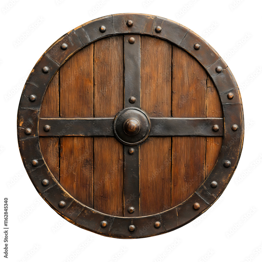 Fototapeta premium Vintage Medieval Wooden Round Shield Isolated with Rustic Iron Rivets isolated