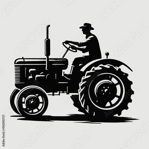 very simple, flat, and minimalist silhouette of an old farmer driving an old tractor in black color on a white background