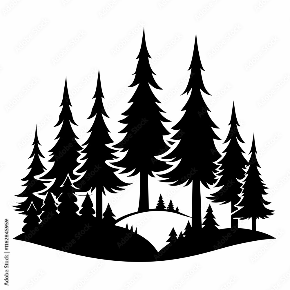 Fototapeta premium Winter forest silhouette vector illustration on white background