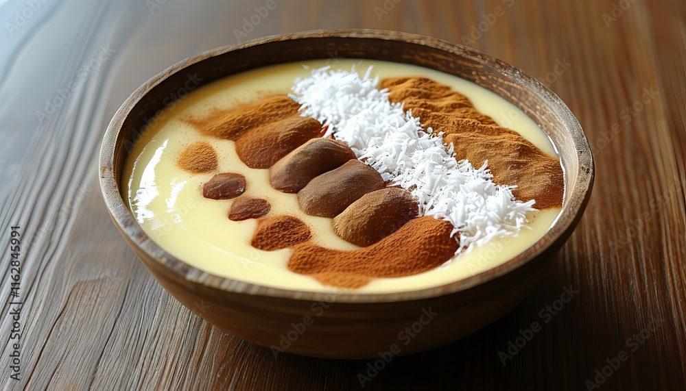 Traditional Colombian Natilla Dessert with Coconut and Cinnamon Toppings in Wooden Bowl Traditional Colombian Natilla Dessert with Coconut and Cinnamon Toppings in Wooden Bowl
