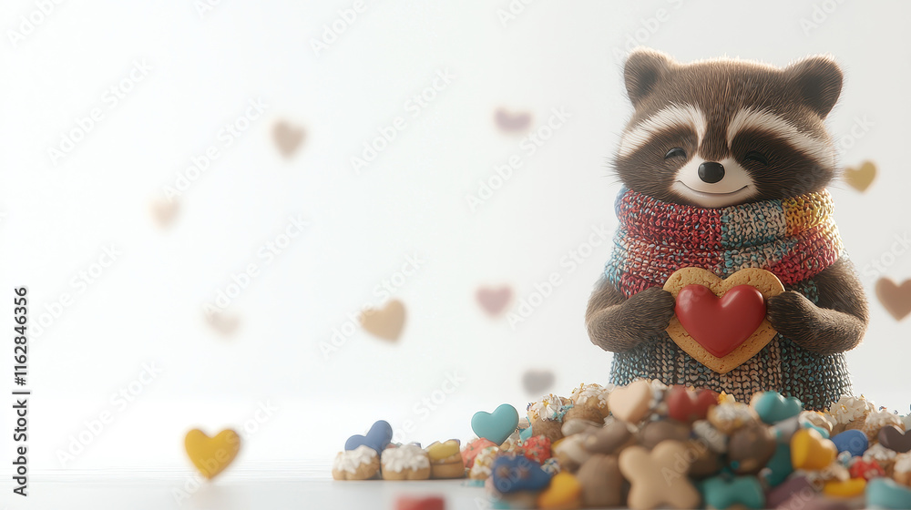 A charming raccoon figurine holds a heart, surrounded by colorful heart-shaped decorations, creating a whimsical and affectionate atmosphere. A charming raccoon figurine holds a heart, surrounded by colorful heart-shaped decorations, creating a whimsical and affectionate atmosphere.