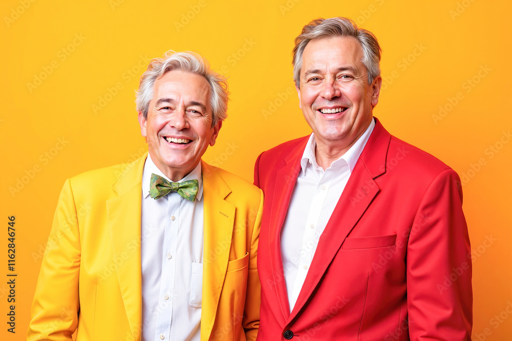Elderly men laughing in vibrant blazers, joy and friendship. Bright and modern style portrait 
