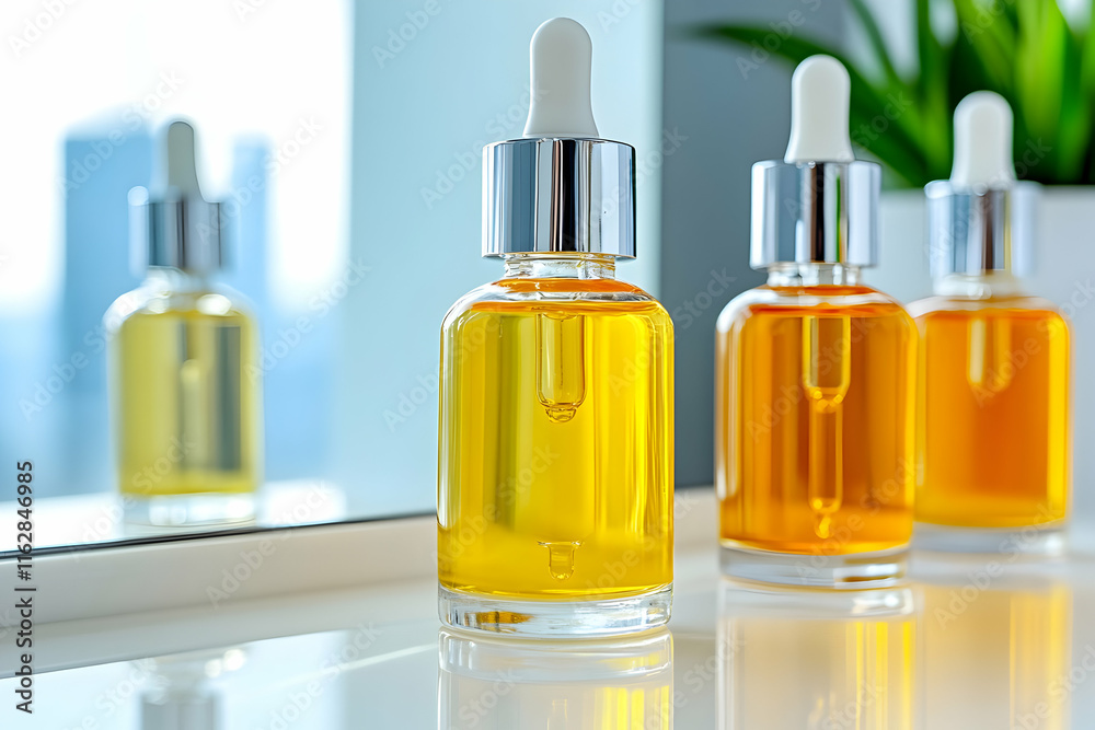 Colorful serum bottles shimmer in sunlight, displaying vibrant hues and modern designs