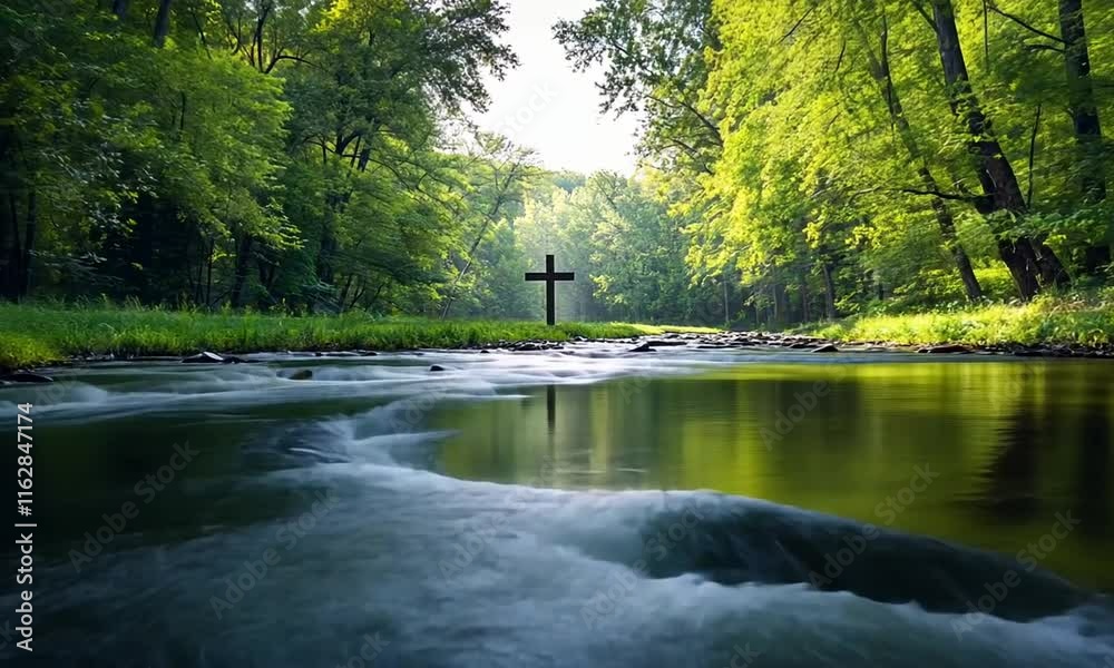 A serene river scene with a wooden cross amidst lush greenery and gentle water flow.