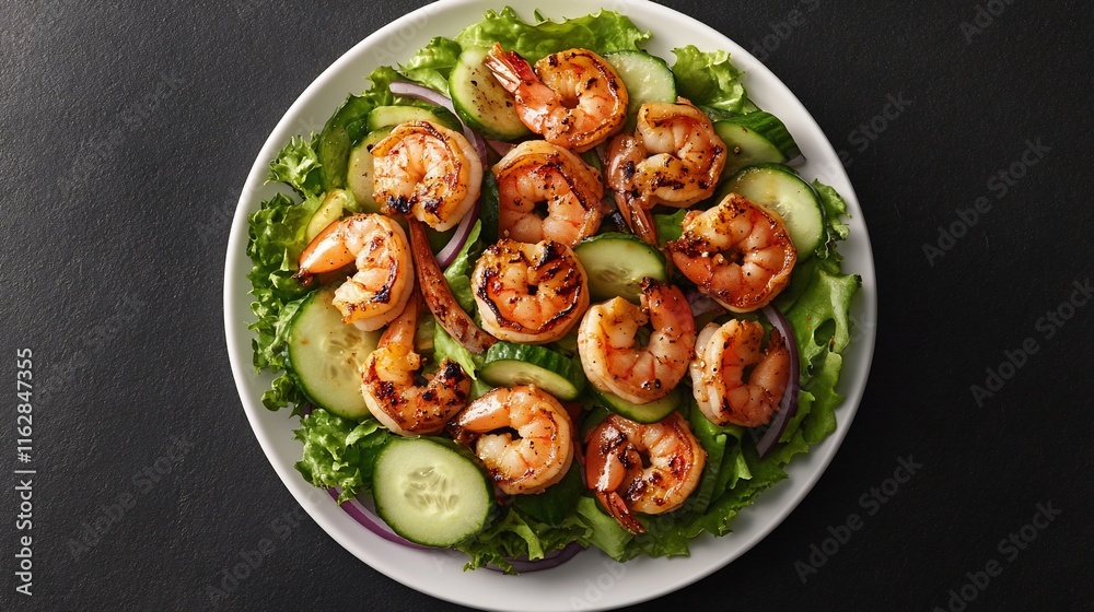 Grilled shrimp salad with cucumber and lettuce on a white plate. Grilled shrimp salad with cucumber and lettuce on a white plate.